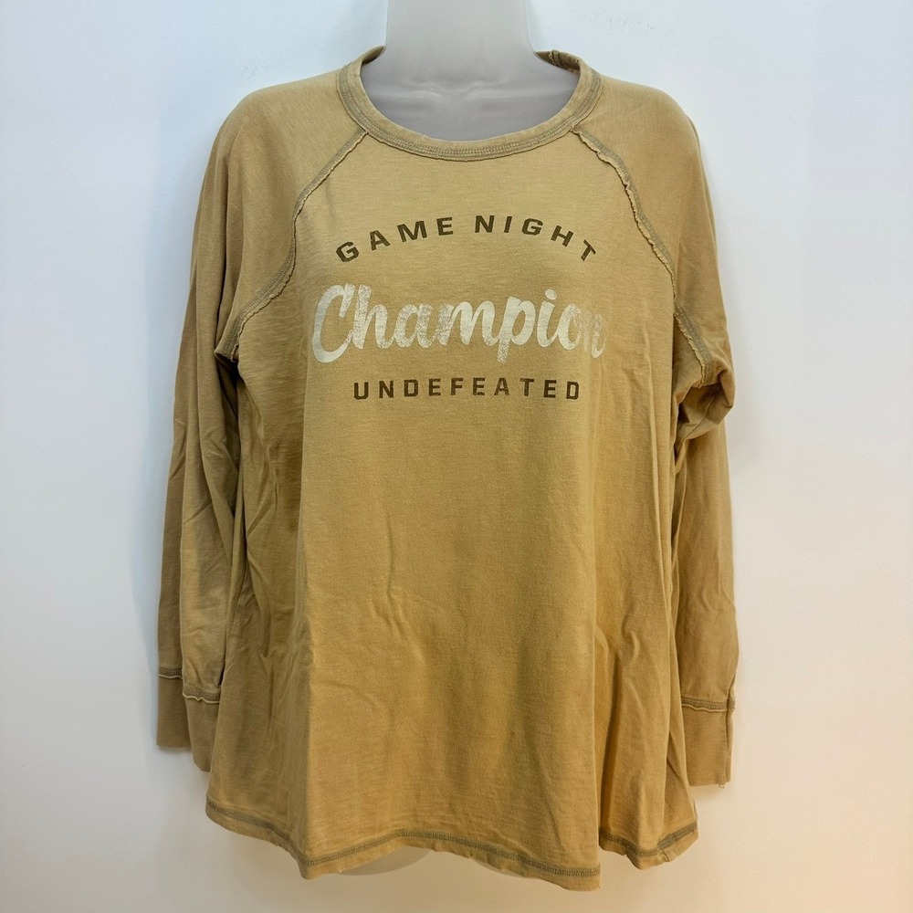 Aerie Game Night Champion Undefeated Graphic Long Sleeve Top Mustard Tan Small